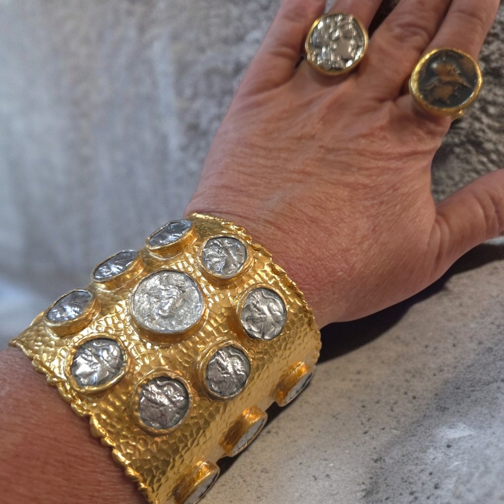 24k Gold Plated Massive Artisan Ancient Coin Cuff Bracelet - Picture 7 of 9